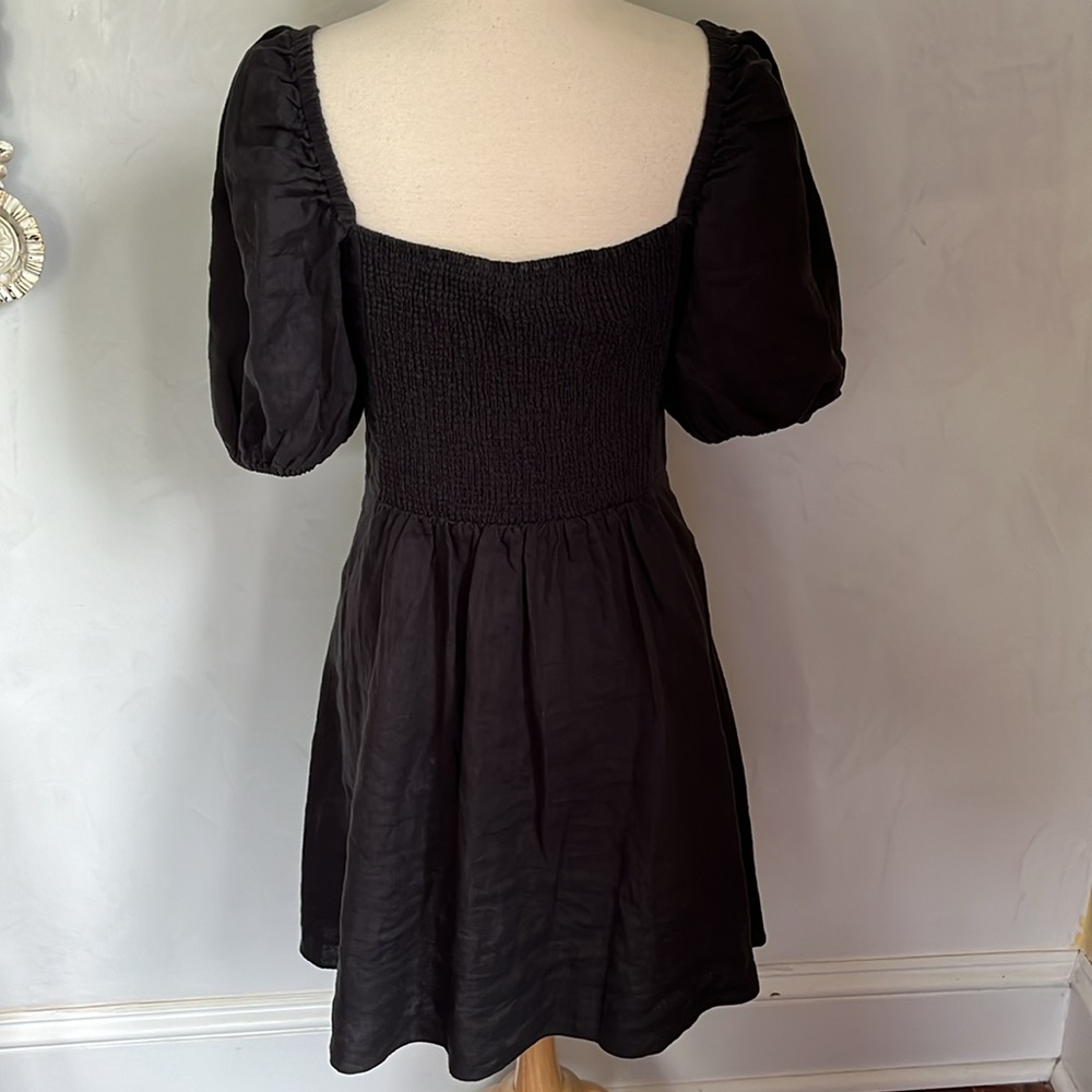 The drop Black Midi Linen Dress w/elbow length puffy short sleeves Size Medium - Picture 4 of 11